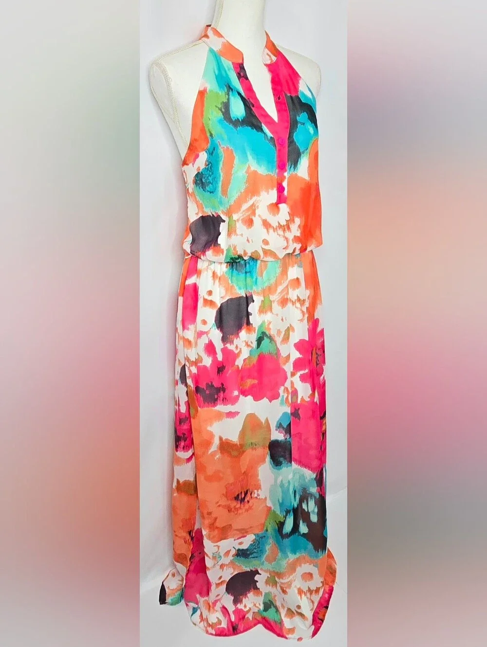 Bisou Bisou  Watercolor Floral Halter Maxi Wedding Guest/Resort Dress NWOT 14